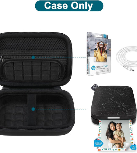 Hard Case for HP Sprocket Portable 2X3 Instant Photo Printer, Kodak Step Wireless Mobile Photo Printer, Lifeprint 2X3 Photo Printer, Zipper Mesh Bag Fits Photo Paper Cable, Black+Black